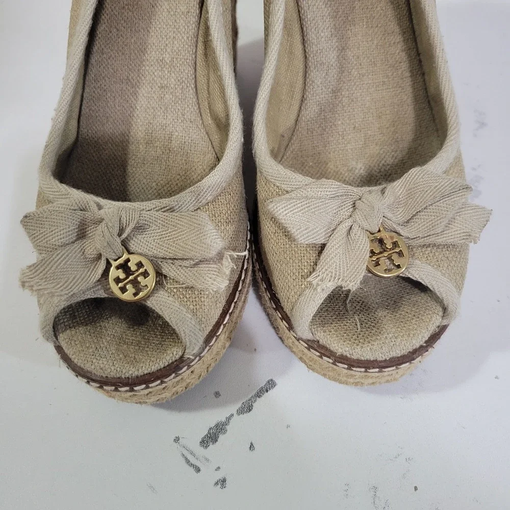 Tory Burch Jackie Espadrille Wedges Womens 8.5 B Beige Peep Toe Slip On Canvas